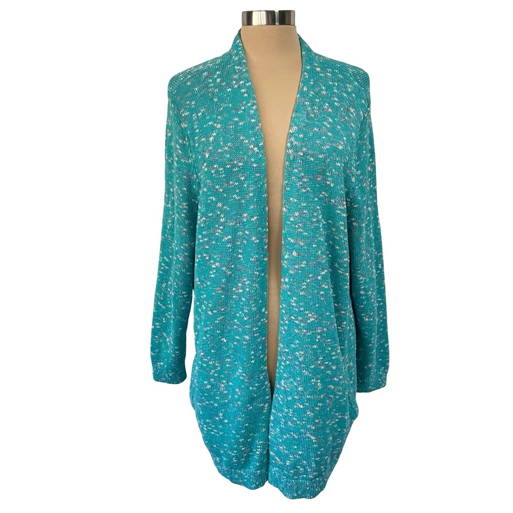 Lands End Teal Green Space Dye Open Front Cardigan Sweater Pockets Size 2X
